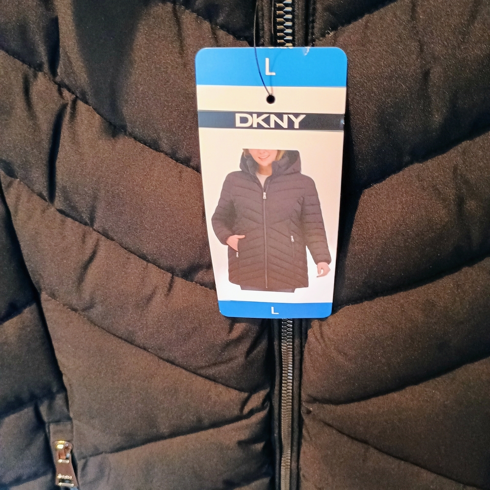 DKNY Women's Black Quilted Hooded Long Puffer Coat - Picture 3 of 5